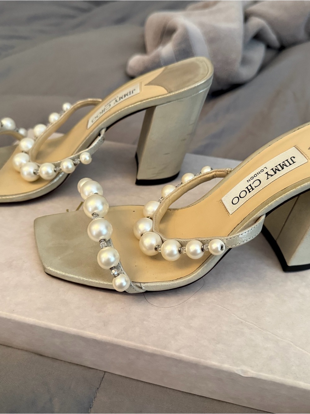 Jimmy Choo Pearl-Embellished Ivory Block Heel Sandals - Picture 4 of 8
